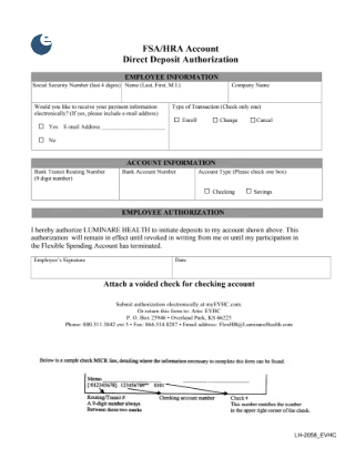 FSA/HRA Account Direct Deposit Authorization