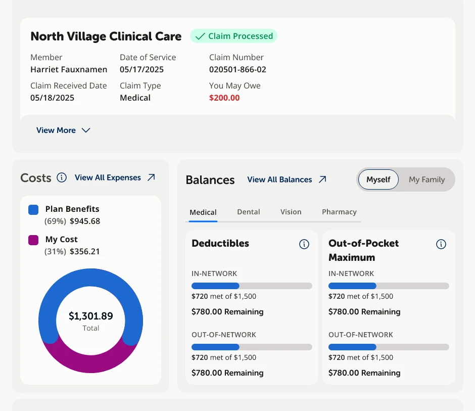 Screenshot of Ascension member portal dashboard with sample claims