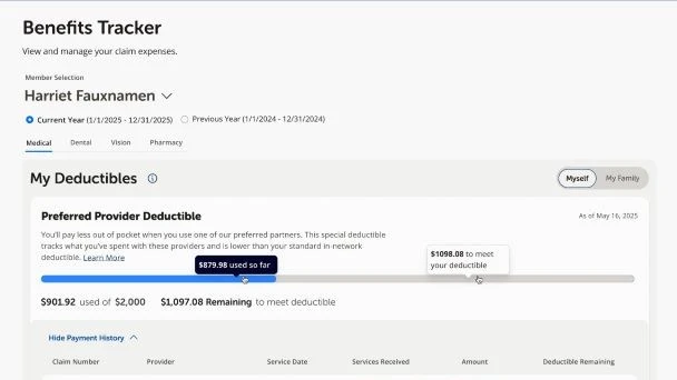 Screenshot of benefits tracker, including status towards deductibles.