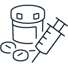 a black and blue outline of a syringe and a jar
