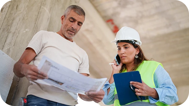 a man and woman looking at papers