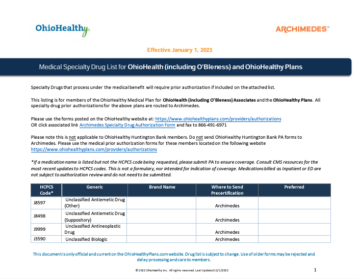 OhioHealthy’s Medical Specialty Drug List